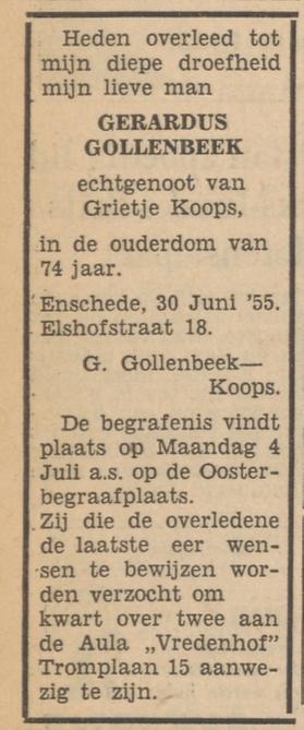 Elshofstraat 18 Gerardus Gollenbeek overlijdensadvertentie Tubantia 1-7-1955.jpg