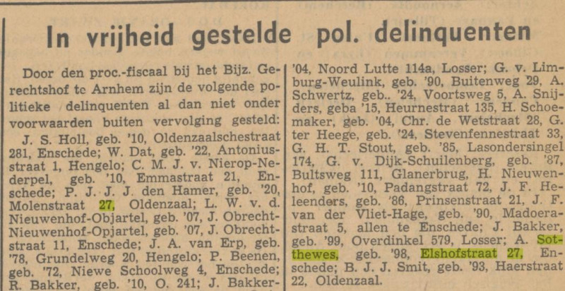 Elshofstraat 27 A. Sotthewes krantenbericht Tubantia 30-4-1947.jpg