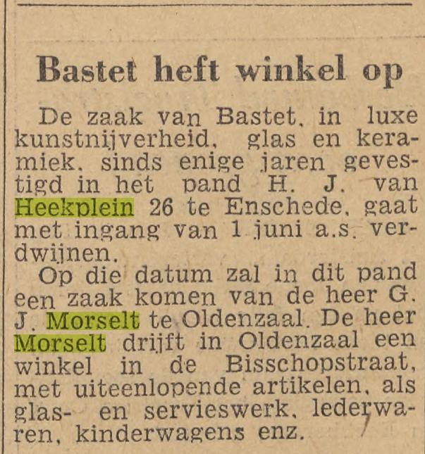 H.J. van Heekplein 26 winekl Bastet kunstnijverheid, glas en keramiek wordt winkel Morselt glas en servieswerk, lederwaren krantenbericht Tubantia 2-5-1961.jpg