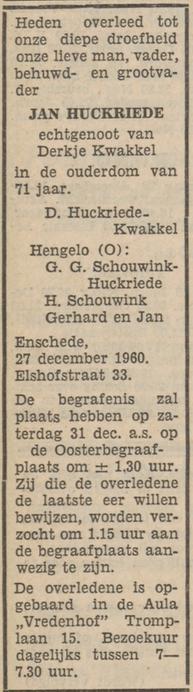 Elshofstraat 33 Jan Huckriede overlijdensadvertentie Tubantia 28-12-1960.jpg