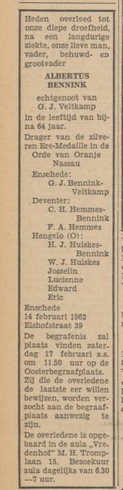 Elshofstraat 39 Albertus Bennink overlijdensadvertentie Tubantia 15-2-1962.jpg