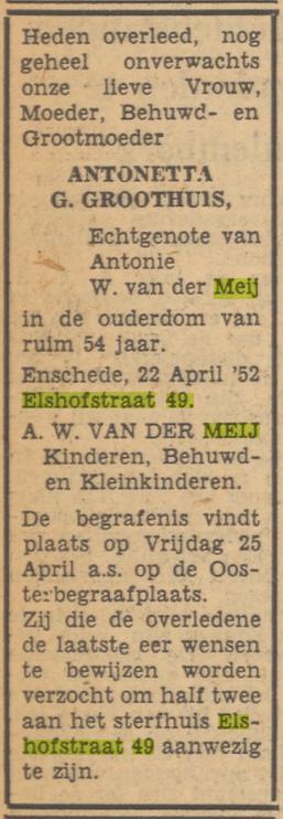 Elshofstraat 49 A.G. van der Meij-Groothuis overlijdensadvertentie Tubantia 23-4-1952.jpg