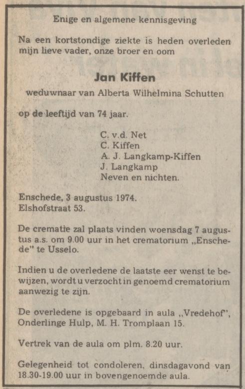 Elshofstraat 53 Jan Kiffen overlijdensadvertentie Tubantia 5-8-1974.jpg