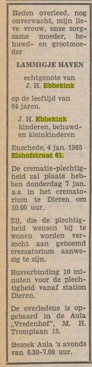 Elshofstraat 61 L. Ebbekink-Haven overlijdensadvertentie Tubantia 5-1-1965.jpg