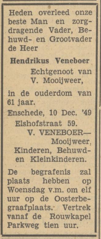 Elshofstraat 59 Hendrikus Veneboer overlijdensadvertentie Tubantia 12-12-1949.jpg