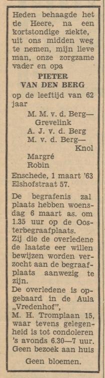 Elshofstraat 57 Pieter van den Berg overlijdensadvertentie Tubantia 4-3-1963.jpg
