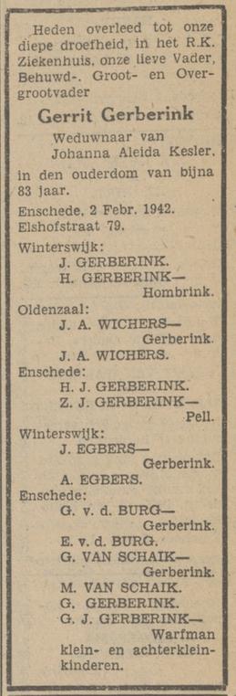 Elshofstraat 79 Gerrit Gerberink overlijdensadvertentie Tubantia 3-2-1942.jpg