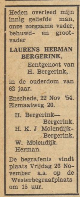 Elsmaatweg 20 L.H. Bergerink overlijdensadvertentie Tubantia 23-11-1954.jpg