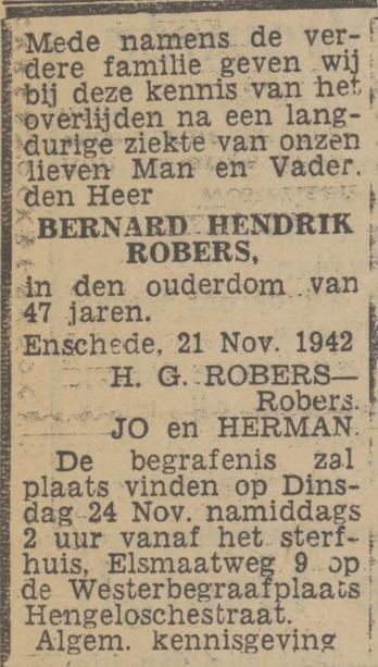 Elsmaatweg 9 B.H. Robers overlijdensadvertentie Twentsch nieuwsblad 21-11-1942.jpg