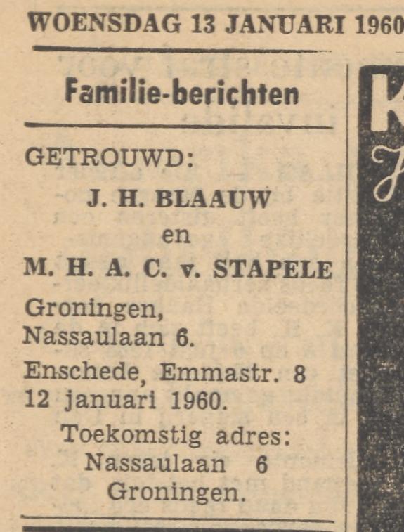 Emmastraat 8 M.H.A.C. van Stapele advertentie Tubantia 13+-1-1960.jpg