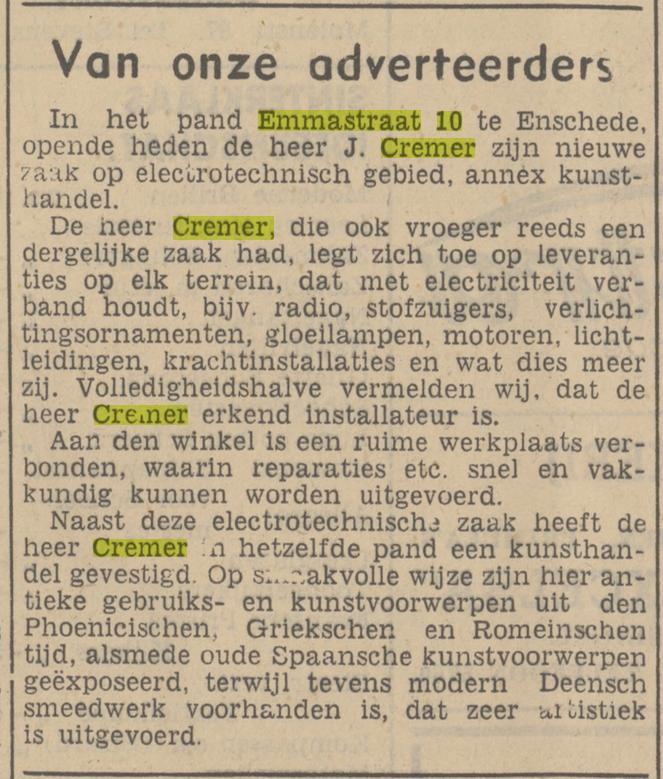 Emmastraat 10 J. Cremer electrotechnische winkel en kunsthandel krantenbericht Tubantia 1-12-1938.jpg