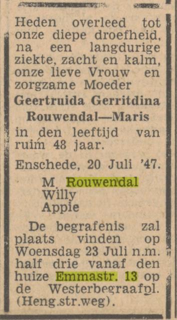 Emmastraat 13 G.G. Rouwendal-Maris overlijdensadvertentie Tubantia 21-7-1947.jpg