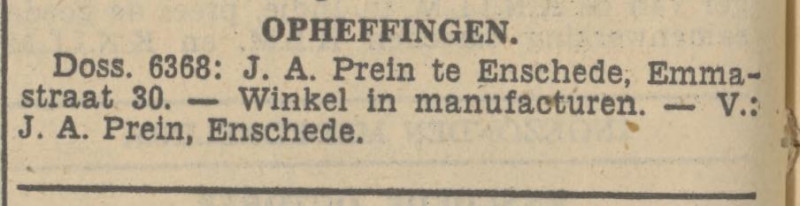Emmastraat 30 J.A. Prein winkel in manufacturen krantenbericht Tubantia 2-10-1937.jpg