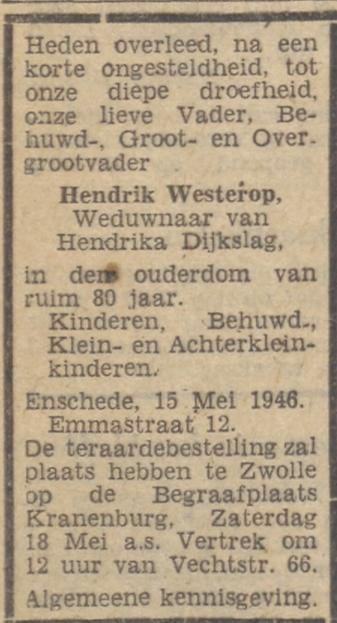 Emmastraat 12 Hendrik Westerop overlijdensadvertentie 17-5-1946.jpg