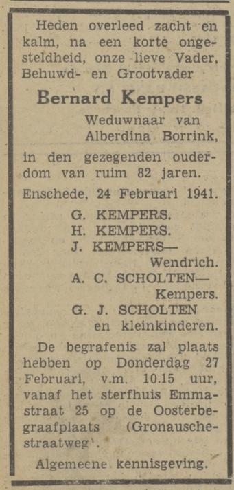 Emmastraat 25 B. Kempers overlijdensadvertentie Tubantia 25-2-1941.jpg
