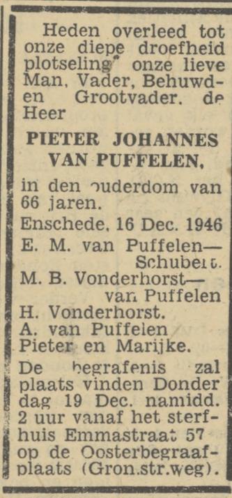 Emmastraat 57 P.J. van Puffelen overlijdensadvertentie Tubantia 16-12-1946.jpg