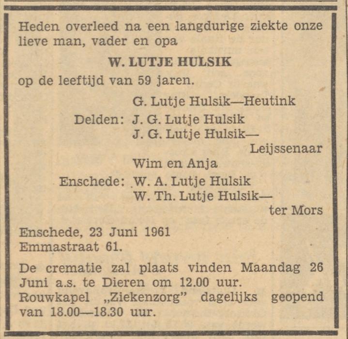 Emmastraat 61 W. Lutje Hulsik overlijdensadvertentie Tubantia 24-6-1961.jpg