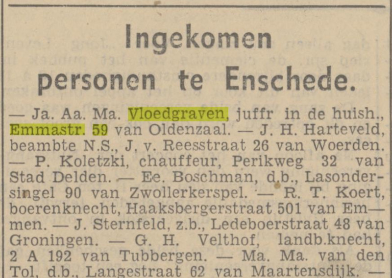 Emmastraat 59 J.A.M. Vloedgraven juffrouw in de huishouding krantenbericht Tubantia 12-7-1937.jpg