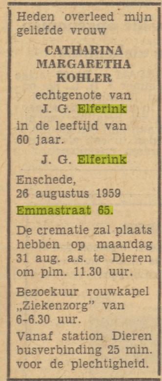 Emmastraat 65 M.G. Elferink-Kohler overlijdensadvertie 26-8-1959.jpg