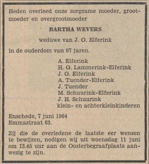 Emmastraat 63 Wed. B. Elferink-Wevers overlijdensadvertentie Tubantia 8-6-1964.jpg
