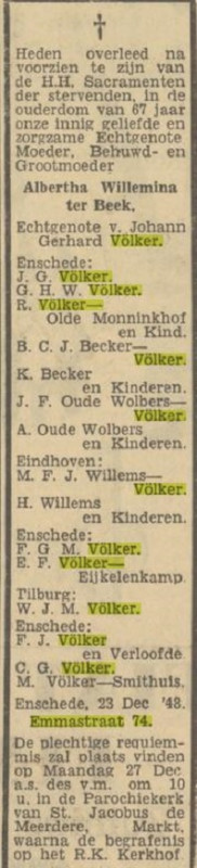 Emmastraat 74 A.W. Völker-ter Beek overlijdensadvertentie Tubantia 29-12-1948.jpg