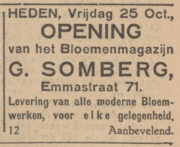 Emmastraat 71 bloemenmagazijn G. Somberg advertentie Tubantia 25-10-1929.jpg