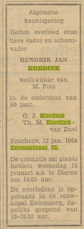 Emmastraat 75 H.J. Kordink overlijdensadvertentie Tubantia 13-1-1964.jpg