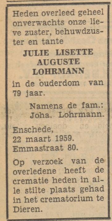 Emmastraat 80 J.L.A. Lohrmann overlijdensadvertentie Tubantia 26-3-1959.jpg