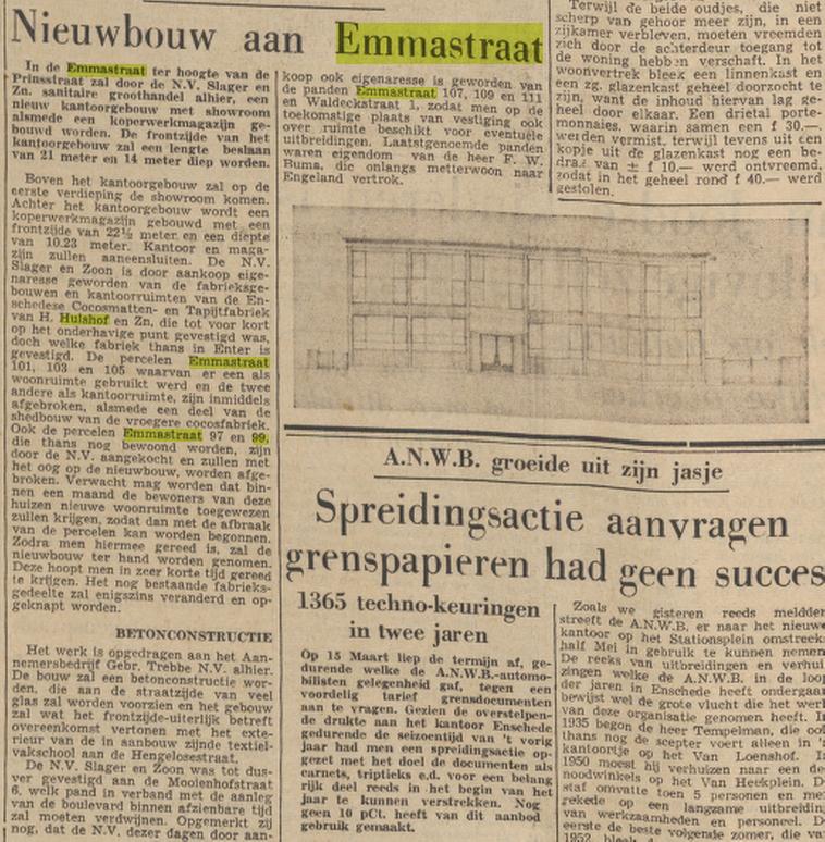 Emmastraat 99-101-103-105 Cocosmatten- en Tapijtfabriek H. Hulshof en Zn krantenbericht Twentsche Courant 17-3-1954.jpg