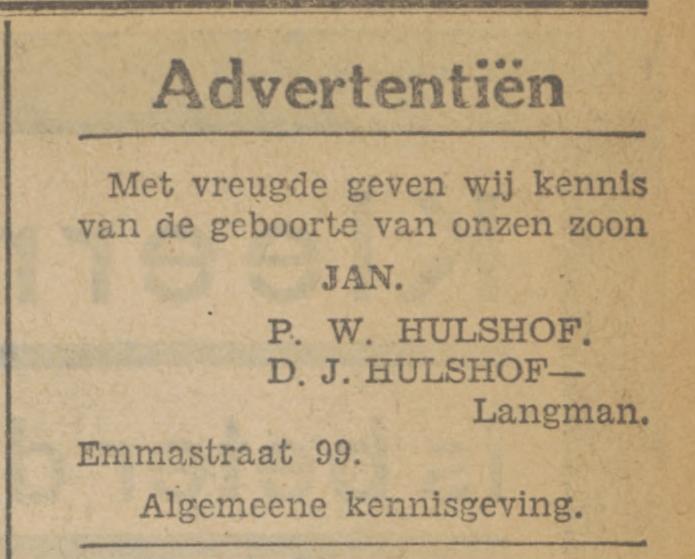 Emmastraat 99 P.W. Hulshof advertentie Tubantia 4-10-1932.jpg