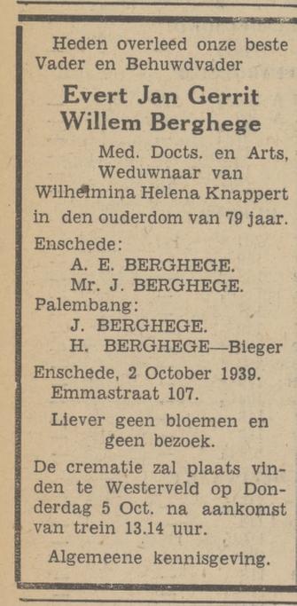 Emmastraat 107 E.J.G.W. Berghege arts overlijdensadvertentie Tubantia 3-10-1939.jpg