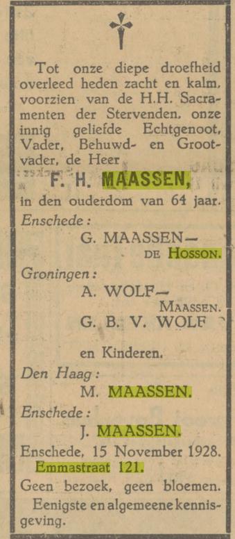 Emmastraat 121 F.H. Maassen overlijdensadvertentie Tubantia 15-11-1928.jpg