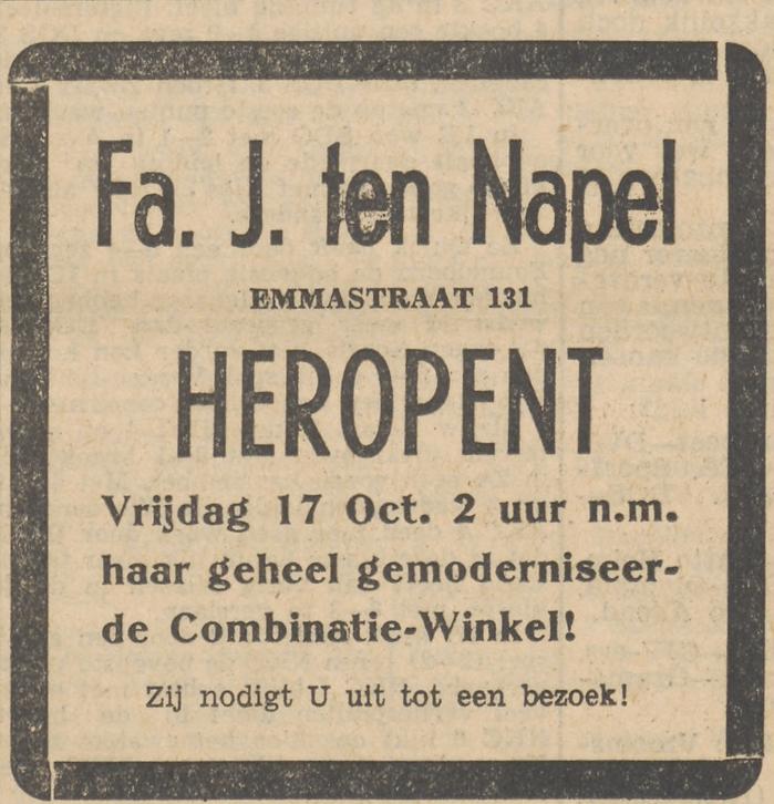 Emmastraat 131 Combinatie winkel Fa. J. ten Napel advertentie Tubantia 16-10-1952.jpg