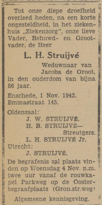 Emmastraat 145 L.H. Struijve overlijdensadvertentie Tubantia 2-11-1942.jpg