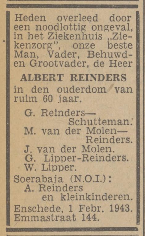 Emmastraat 144 Albert Reinders overlijdensadvertentie Tubantia 2-2-1943.jpg