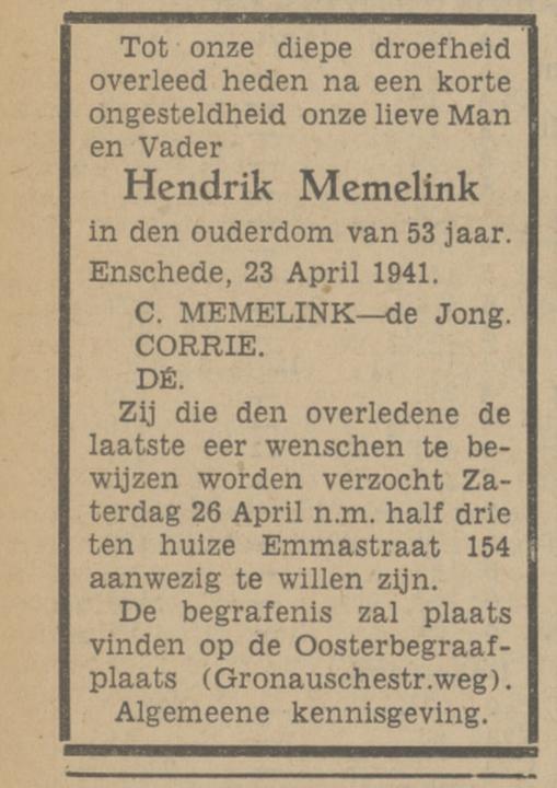 Emmastraat 154 Hendrik Memelink overlijdensadvertentie Tubantia 24-4-1941.jpg