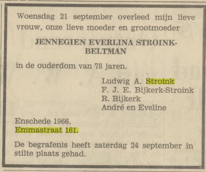 Emmastraat 161 J.E. Stroink-Beltman overlijdensadvertentie Tubantia 26-9-1966.jpg