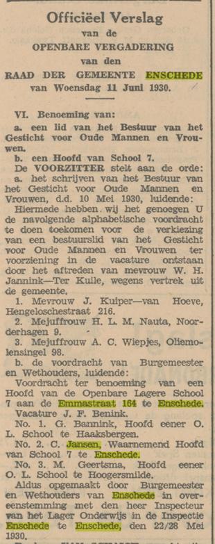 Emmastraat 164 C. Jansen waarnemde hoofd der school krantenbericht Tubantia 26-6-1930.jpg