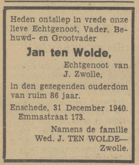 Emmastraat 173 Jan ten Wolde overlijdensadvertentie Tubantia 31-12-1940.jpg