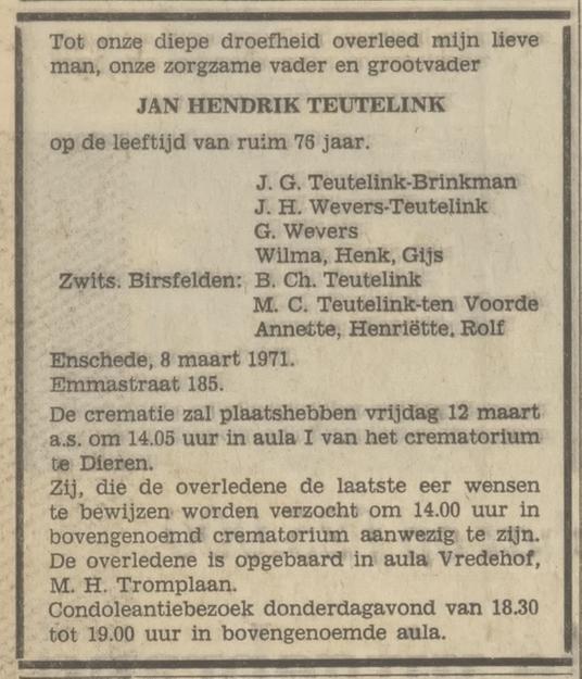 Emmastraat 185 J.H. Teutelink overlijdensadvertentie Tubantia 9-3-1971.jpg