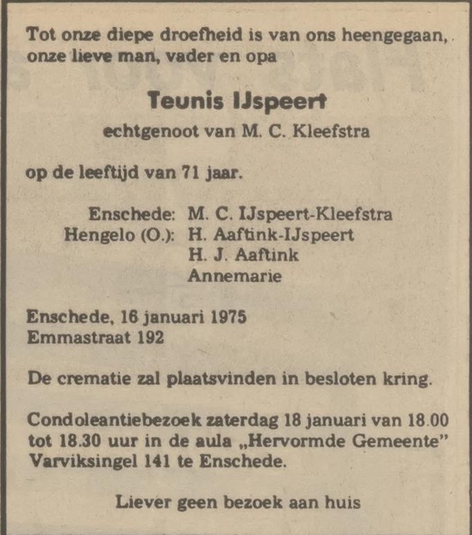 Emmastraat 192 Teunis IJspeert overlijdensadvertentie Tubantia 17-1-1975.jpg