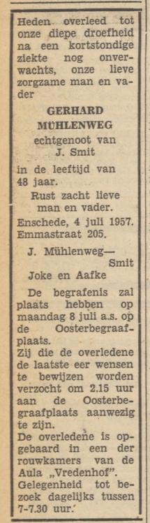 Emmastraat 205 Gerhard Muhlenweg overlijdensadvertentie Tubantia 5-2-1957.jpg
