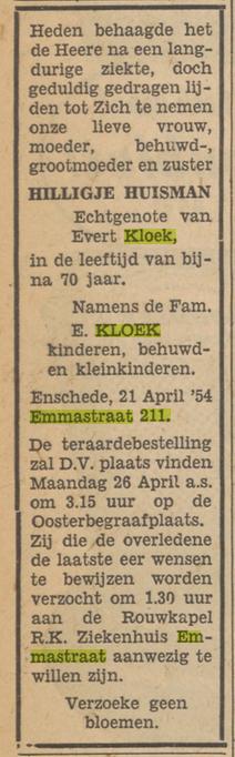 Emmastraat 211 H. Kloek-Huisman overlijdensadvertentie Tubantia 23-4-1954.jpg