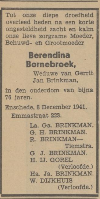 Emmastraat 223 Wed. B. Brinkman-Bornebroek overlijdensadvertentie Tubantia 9-2-1941.jpg