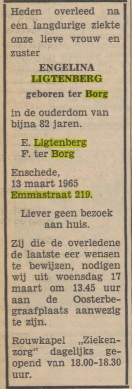 Emmastraat 219 Engelina Ligtenberg-ter Borg overlijdensadvertentie Tubantia 15-3-1965.jpg