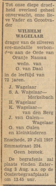 Emmastraat 224 Wilhelm Wagelaar overlijdensadvertentie Tubantia 30-7-1957.jpg