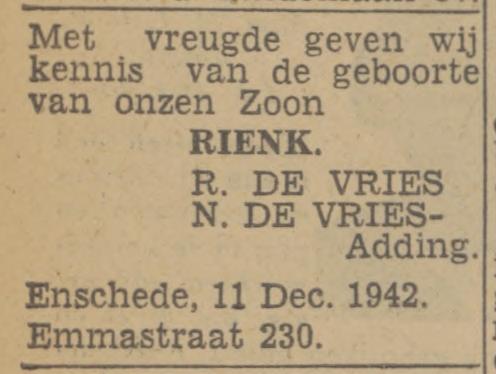Emmastraat 230 R. de Vries advertentie Twentsch nieuwsblad 12-12-1942.jpg