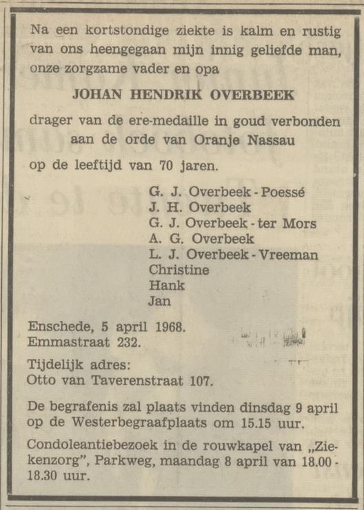 Emmastraat 232 J.H. Overbeek overlijdensadvertentie Tubantiz 6-4-1968.jpg