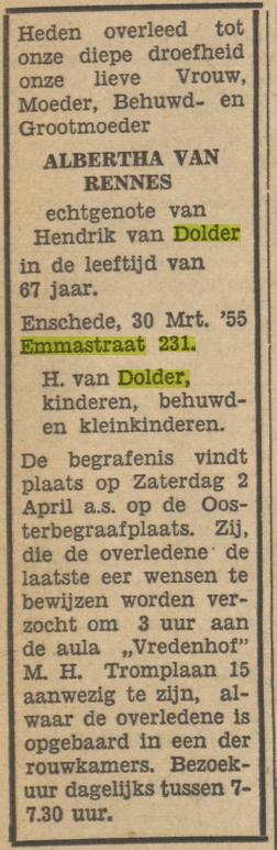 Emmastraat 231 A. van Dolder-van Rennes overlijdensadvertie Tubantia 31-3-1955.jpg