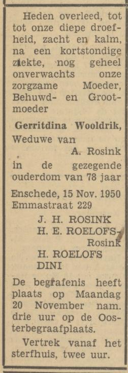 Emmastraat 229 Wed. G. Rosink-Roelofs overlijdensadvertentie Tubantia 17-11-1950.jpg